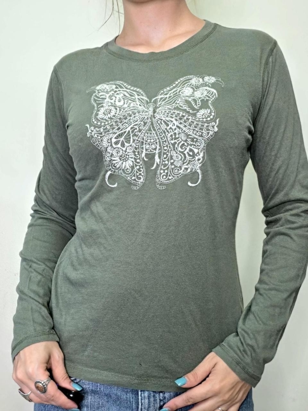 2000s Y2K Vintage Butterfly Embroidered Green Long Sleeve Top Size S Boho Fairy